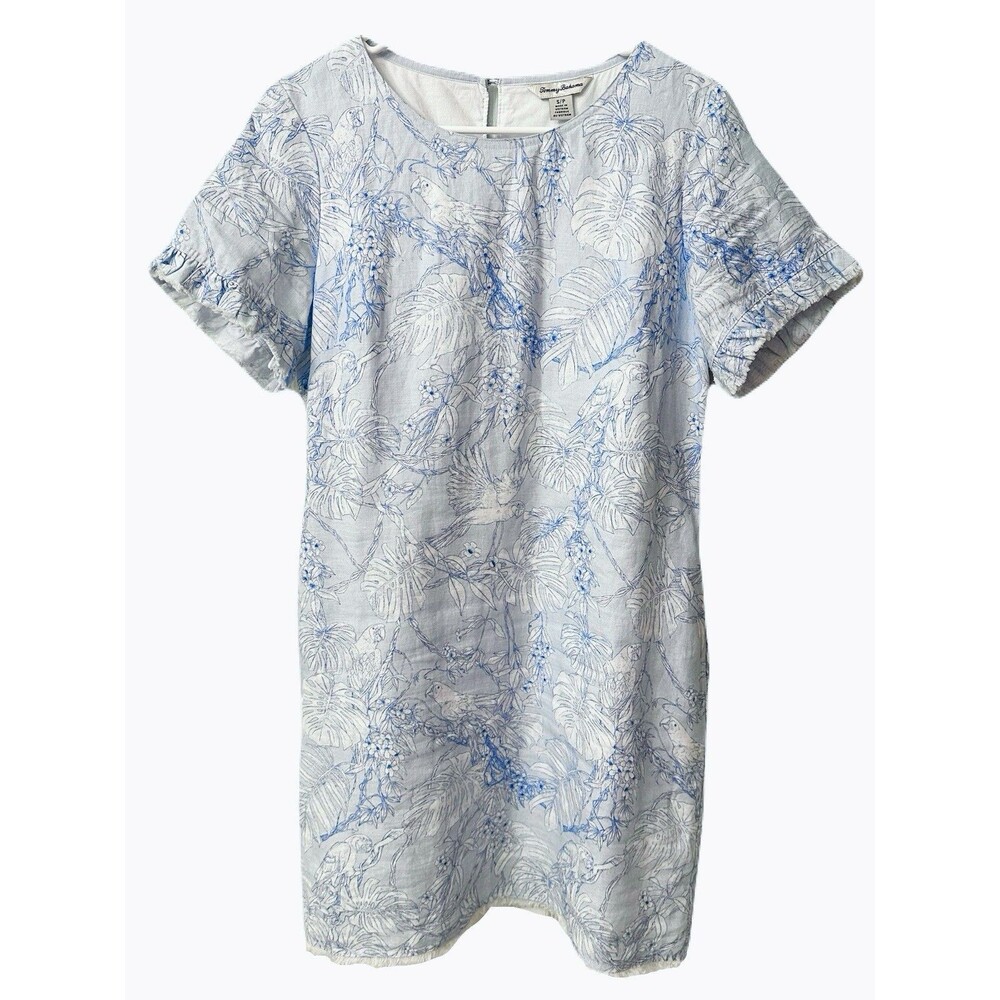 Tommy Bahama Womens Small Tropical Parrots & Palm Linen Mini Dress Blue & White